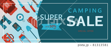 Camping adventure time vector illustration Banner with flat equipment for hiking Cartoon flayer Camping adventure time vector illustration Banner with flat equipment for hiking Cartoon flayer 81313581