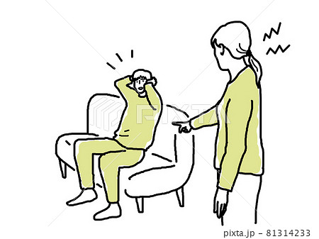指さす女性と頭を抱える男性の線画イラスト 指さす女性と頭を抱える男性の線画イラスト 81314233