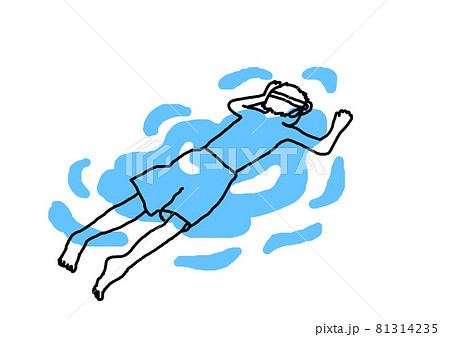 水中眼鏡をかけて水に浮く少年の線画イラストのイラスト素材
