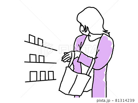 マイバッグに商品を入れる女性の線画イラスト 81314239