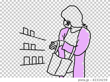 マイバッグに商品を入れる女性の線画イラスト 81314239