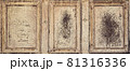 Banner from an old beige and rusty door with three scratched frames 81316336