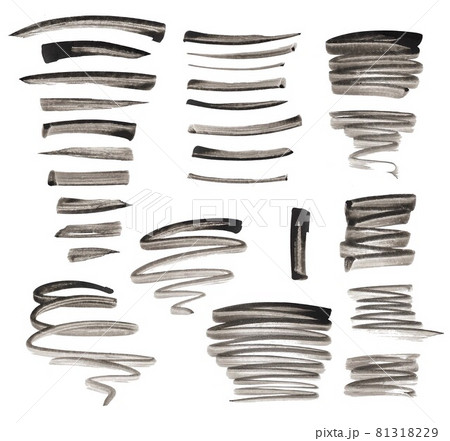 Set of high-resolution raster shapes. Hand-drawn black white watercolour curves, lines, strokes.  81318229