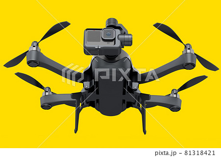 Flying photo and video drone or quad copter with action camera on yellow Flying photo and video drone or quad copter with action camera on yellow 81318421
