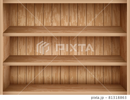 Realistic bookshelf mockup template. Vintage wooden shelves for library and school interior design. Empty bookshelf made of wooden boards. Realistic bookshelf mockup template. Vintage wooden shelves for library and school interior design. Empty bookshelf made of wooden boards. 81318863