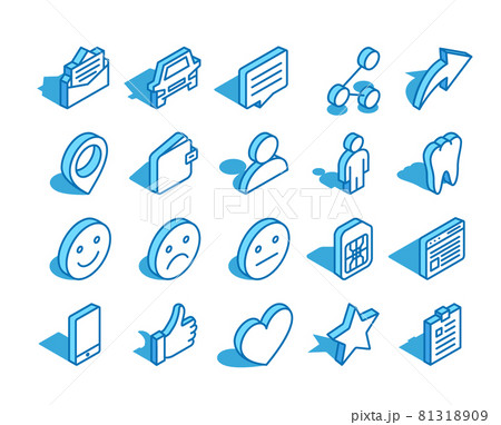 Set of web isometric icon. Thumb up, wallet, user, tooth, sim card and more. 3D line style symbol. 81318909