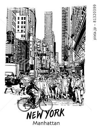 Traffic at a big crossroads in the center of New York. Cars and pedestrians at an intersection in 5th Avenue. 81320399