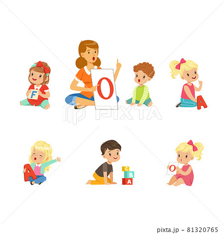 Cute Children Learning Alphabet and Playing in Nursery School with Teacher Sitting on the Floor with Card and Cube Vector Set Cute Children Learning Alphabet and Playing in Nursery School with Teacher Sitting on the Floor with Card and Cube Vector Set 81320765