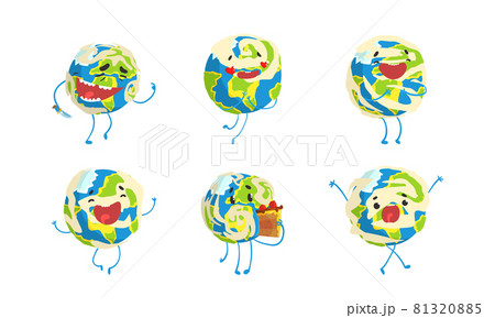 Funny Earth Planet Showing Different Emotions Set, Globe Character Activity Cartoon Vector Illustration 81320885