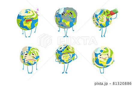Funny Earth Planet in Various Actions Set, Globe Character Showing Different Emotions Cartoon Vector Illustration 81320886