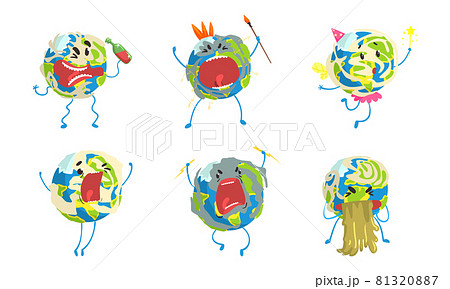 Funny Earth Planet in Various Actions Set, Globe Character Drinking, Fighting, Celebrating Holiday, Vomiting Cartoon Vector Illustration 81320887