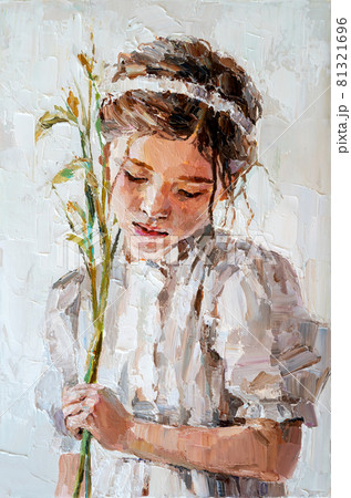 Girl with a flower in her hand on a white background. 81321696
