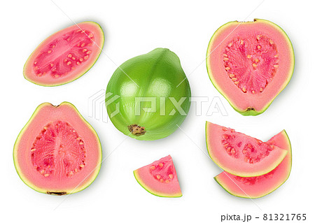 Guava fruit with slices isolated on white background. Top view. Flat lay Guava fruit with slices isolated on white background. Top view. Flat lay 81321765