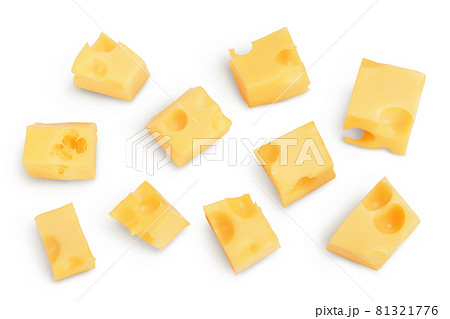 cubes of cheese isolated on white background with clipping path. Top view. Flat lay cubes of cheese isolated on white background with clipping path. Top view. Flat lay 81321776