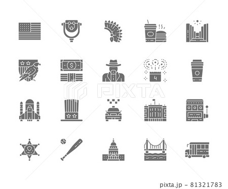 Set of American Culture Grey Icons. Bald Eagle, Cowboys, School Bus, Fast Food, Sheriff Star Badge, Casino, Baseball Bat and more. 81321783