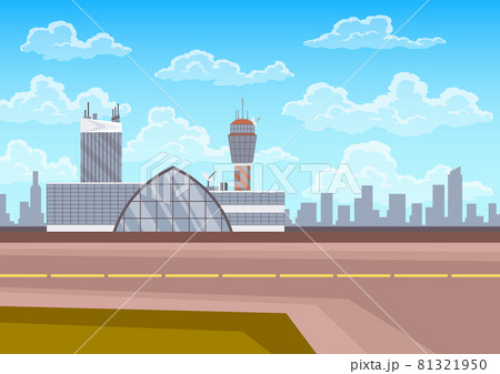 Airport terminal building, control tower, runway and city landscape on background. Infrastructure for travel and tourism concept, passenger air transportation Airport terminal building, control tower, runway and city landscape on background. Infrastructure for travel and tourism concept, passenger air transportation 81321950