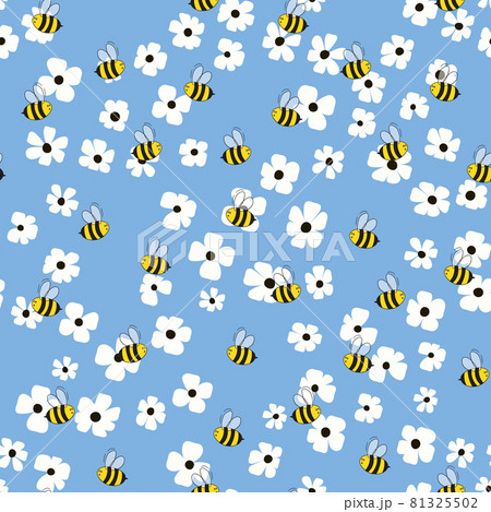 Seamless pattern with bees and flowers on color background. Small wasp. Vector illustration. Adorable cartoon character. Template design for invitation, cards, textile, fabric. Doodle style 81325502