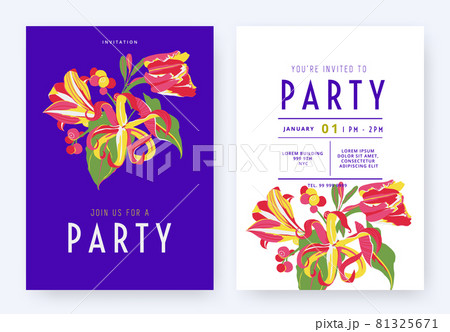 Floral party invitation card template design, colorful tulip, Amaryllis, Cananga odorata and leaves 81325671