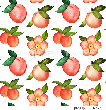 Illustration digital watercolor seamless pattern of peach and flowers on a white backgrounds Illustration digital watercolor seamless pattern of peach and flowers on a white backgrounds 81325746