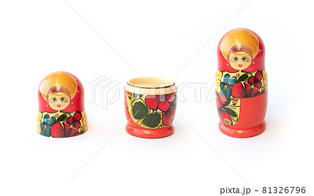 Matryoshka doll set in a row isolated. A symbol of the feminine side of Russian traditional and culture. Wooden doll toys. Crafts, painting and art. Matryoshka doll set in a row isolated. A symbol of the feminine side of Russian traditional and culture. Wooden doll toys. Crafts, painting and art. 81326796