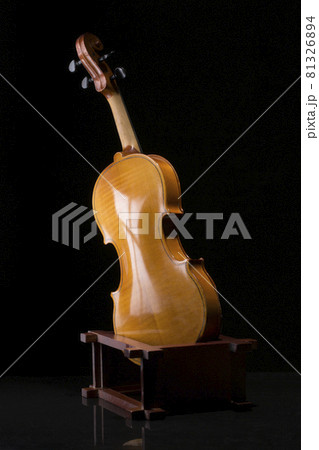 The reverse side of a violin on stand on a black background The reverse side of a violin on stand on a black background 81326894