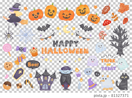 色鉛筆手描き風 かわいいハロウィンイラストセットのイラスト素材