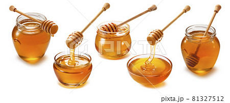 Honey jars, cups and dippers set isolated on white background 81327512