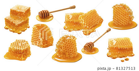 Honeycomb set isolated on white background. Wooden honey dippers Honeycomb set isolated on white background. Wooden honey dippers 81327513
