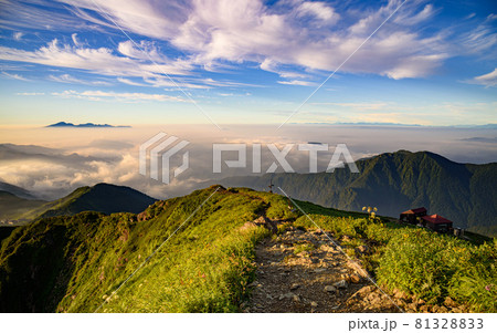 朝焼けの谷川岳・青空と雲海 81328833