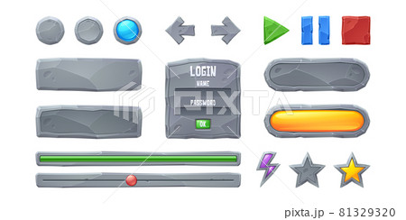 Set progress bars and game buttons ui or gui design elements. Cartoon interface of stone texture. Menu boards, user setting panel with slider, stop, pause and arrows, flash or star keys, Vector icons Set progress bars and game buttons ui or gui design elements. Cartoon interface of stone texture. Menu boards, user setting panel with slider, stop, pause and arrows, flash or star keys, Vector icons 81329320