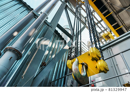 Yellow hook and chain of the factory bridge crane 81329947