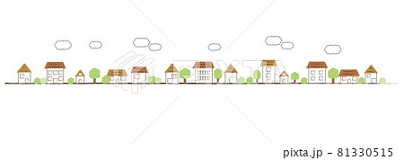 手描き風の街並みのライン 背景なし 雲は線画のイラスト素材