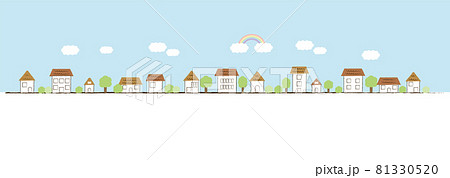 手描き風の虹がかかる街並みのイラスト素材