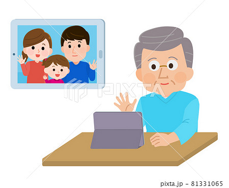家族とタブレットでリモート面会するおじいさん　イラスト 81331065