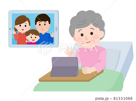 入院中に家族とタブレットでリモート面会するおばあさん　イラスト　イラスト 81331066