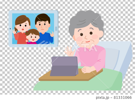 入院中に家族とタブレットでリモート面会するおばあさん　イラスト　イラスト 81331066