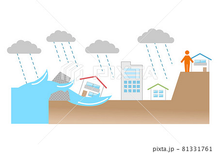 津波洪水と防災に関する高地避難のイラストのイラスト素材