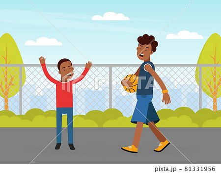 Young Man with Boy Playing Basketball Doing Sport and Physical Exercise Vector Illustration 81331956