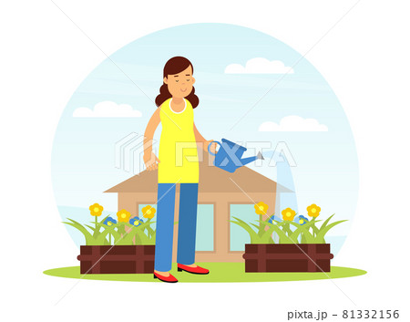 Young Woman Character Watering Flowers in the Yard Enjoying Hobby Activity Vector Illustration Young Woman Character Watering Flowers in the Yard Enjoying Hobby Activity Vector Illustration 81332156