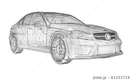Transparent super fast sports car delineated lines on a white background. Body shape sedan. Tuning is a version of an ordinary family car. 3d rendering. 81333719