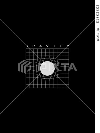 Gravity t-shirt and apparel design with grid distorted around the white circle in the center. Illustration of the 1980s space aesthetics. Black and white print. Vector 81333833