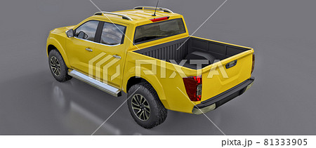 Yellow commercial vehicle delivery truck with a double cab. Machine without insignia with a clean empty body to accommodate your logos and labels. 3d rendering. 81333905