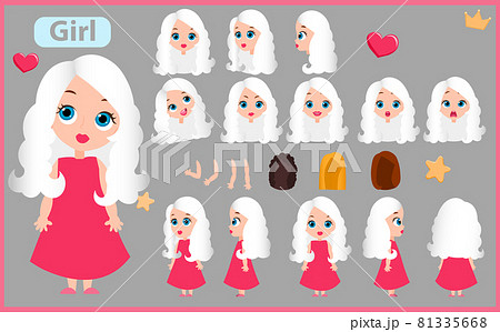 Cartoon character girl constructor creation mascot kit. Set with positions, haircuts, emotions. Isolated vector illustration. 81335668