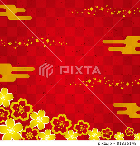 金の桜と市松模様の和風背景 中華イメージ 正方形のイラスト素材