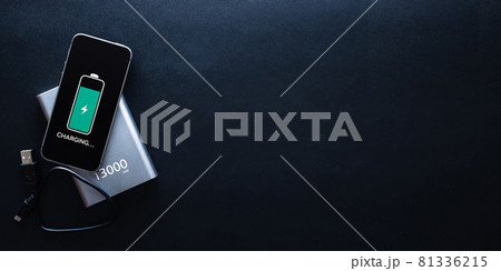 Phone power bank. Mobile phone or smartphone battery charging from portable powerbank with white usb cable. External battery for mobile devices with copy space. Phone power bank. Mobile phone or smartphone battery charging from portable powerbank with white usb cable. External battery for mobile devices with copy space. 81336215