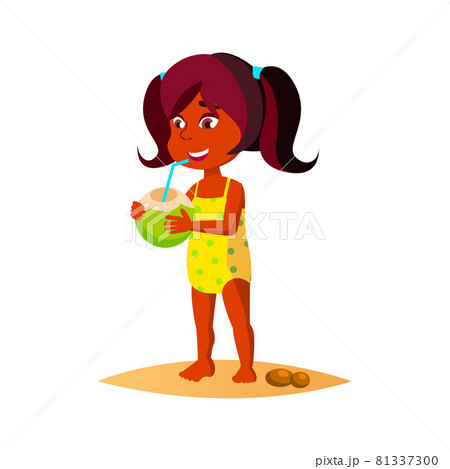 Girl Child Drink Coconut Cocktail On Beach Vector 81337300