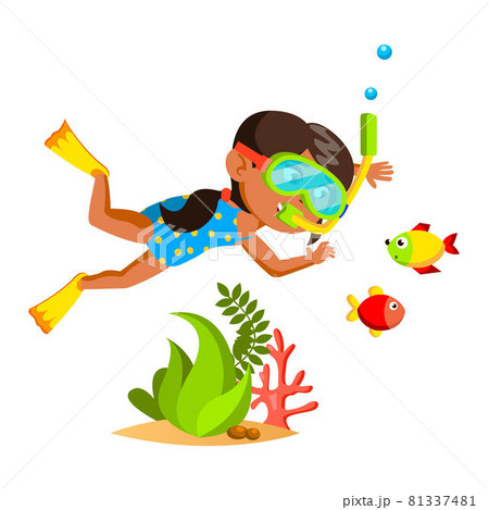 Girl Kid Swimming Underwater In Sea Nature Vector Girl Kid Swimming Underwater In Sea Nature Vector 81337481