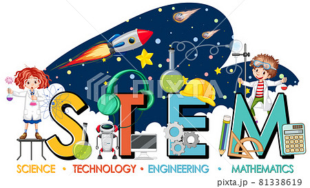 STEM education logo with scientist kids in galaxy theme 81338619