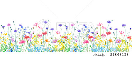 色々な花が咲き乱れる、春の野原の水彩イラスト。横方向シームレスパターン。パノラマ。 81343133