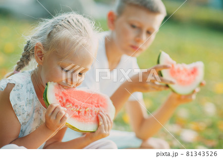 Funny little toddler kids brother and sister eating watermelon on the park. Happy boy and girl together. Childhood, Family, Healthy Diet Concept. Funny little toddler kids brother and sister eating watermelon on the park. Happy boy and girl together. Childhood, Family, Healthy Diet Concept. 81343526